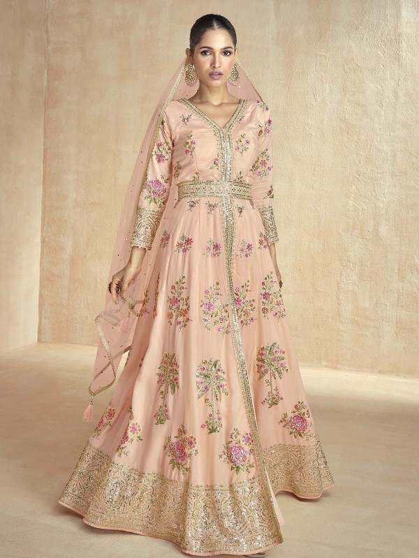 Peach Premium Silk Slit Anarkali Salwar Kameez